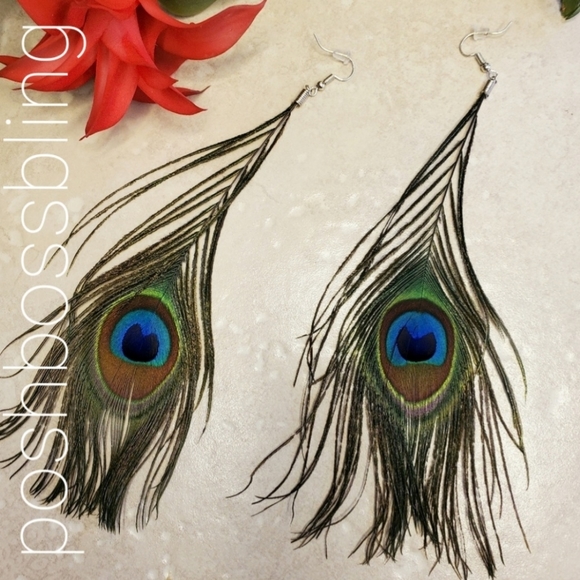 Peacock Feather Dangle Earrings - Picture 2 of 4